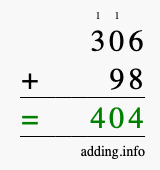 Calculate 306 + 98 using long addition