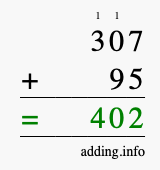 Calculate 307 + 95 using long addition