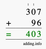 Calculate 307 + 96 using long addition