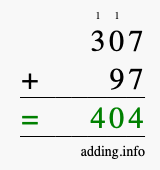 Calculate 307 + 97 using long addition