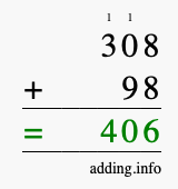 Calculate 308 + 98 using long addition