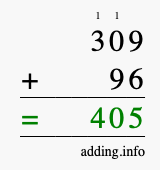 Calculate 309 + 96 using long addition