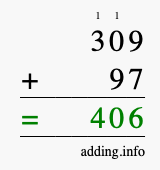 Calculate 309 + 97 using long addition