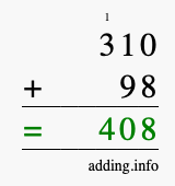 Calculate 310 + 98 using long addition
