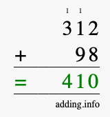 Calculate 312 + 98 using long addition