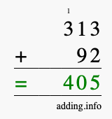 Calculate 313 + 92 using long addition