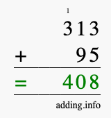 Calculate 313 + 95 using long addition