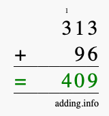 Calculate 313 + 96 using long addition