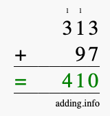 Calculate 313 + 97 using long addition