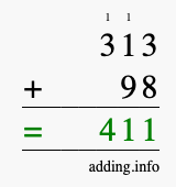 Calculate 313 + 98 using long addition