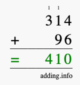 Calculate 314 + 96 using long addition