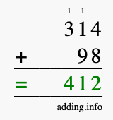 Calculate 314 + 98 using long addition