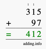 Calculate 315 + 97 using long addition