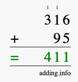 Calculate 316 + 95 using long addition