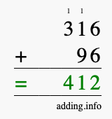 Calculate 316 + 96 using long addition