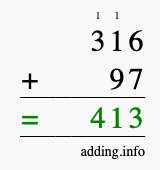 Calculate 316 + 97 using long addition