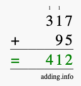 Calculate 317 + 95 using long addition