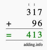 Calculate 317 + 96 using long addition