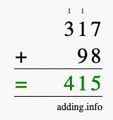 Calculate 317 + 98 using long addition