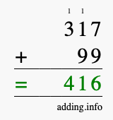 Calculate 317 + 99 using long addition