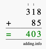 Calculate 318 + 85 using long addition