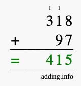 Calculate 318 + 97 using long addition