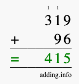 Calculate 319 + 96 using long addition