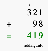 Calculate 321 + 98 using long addition