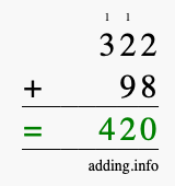 Calculate 322 + 98 using long addition