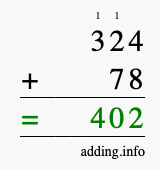 Calculate 324 + 78 using long addition