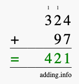 Calculate 324 + 97 using long addition