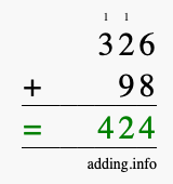 Calculate 326 + 98 using long addition