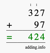 Calculate 327 + 97 using long addition