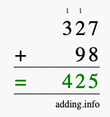 Calculate 327 + 98 using long addition