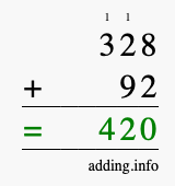 Calculate 328 + 92 using long addition