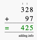 Calculate 328 + 97 using long addition