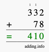 Calculate 332 + 78 using long addition