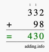 Calculate 332 + 98 using long addition