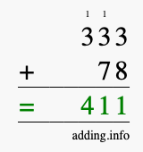 Calculate 333 + 78 using long addition