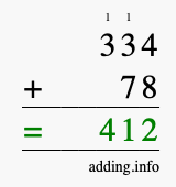 Calculate 334 + 78 using long addition