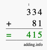 Calculate 334 + 81 using long addition