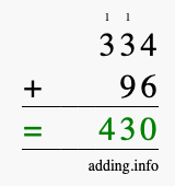 Calculate 334 + 96 using long addition