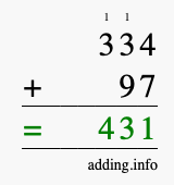 Calculate 334 + 97 using long addition