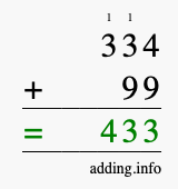 Calculate 334 + 99 using long addition