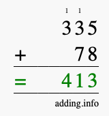 Calculate 335 + 78 using long addition