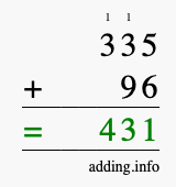 Calculate 335 + 96 using long addition