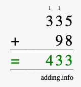 Calculate 335 + 98 using long addition
