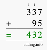Calculate 337 + 95 using long addition