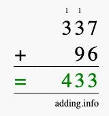 Calculate 337 + 96 using long addition