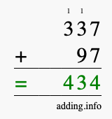 Calculate 337 + 97 using long addition